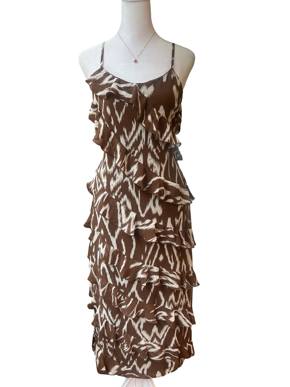 WDNY flowy tiered brown white rustic western wedding guest midi sundress NWT M - Picture 3 of 10